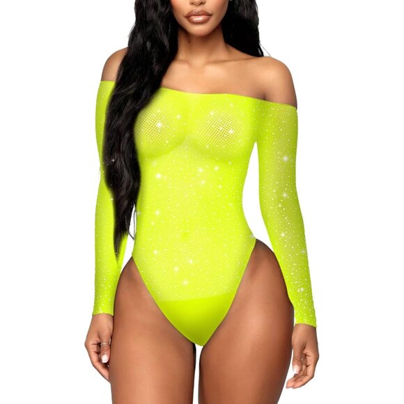 Women Yellow 1 Lingerie Fishnet Teddy Sparkle Rhinestone One Piece Mesh Bodysuit - Picture 1 of 4